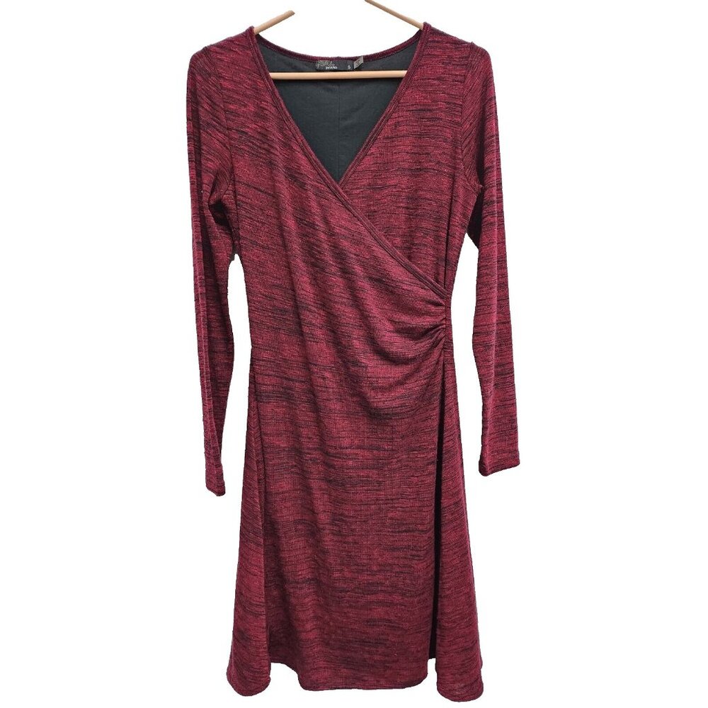 Prana Womens Long Sleeve Faux Wrap Nadia Dress Small Plum Red Slub Knit Active
